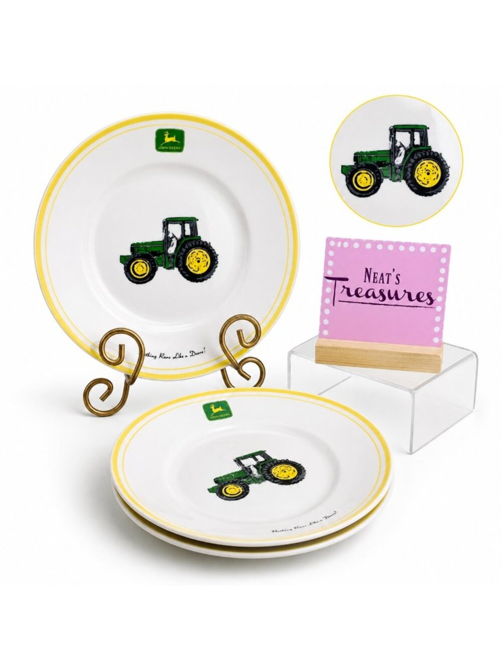 Gibson John Deere Green Fram TRACTOR Yellow Stoneware Lunch Salad Plates Set 3